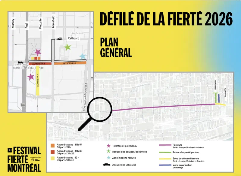 Carte générale du point de rencontre où la zone de rassemblement orange est indiquée sur René-Lévesque Ouest et du trajet du défilé allant du Boul. Robert-Bourassa jusqu&rsquo;à la Rue Atateken
