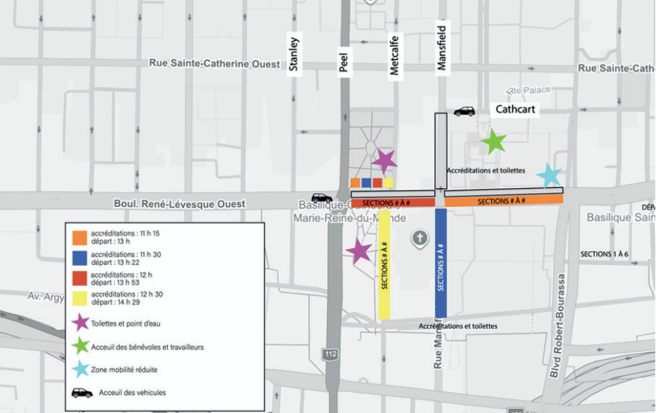 Carte du point de rencontre où la zone de rassemblement orange est indiqué sur le boul. René-Lévesque Ouest